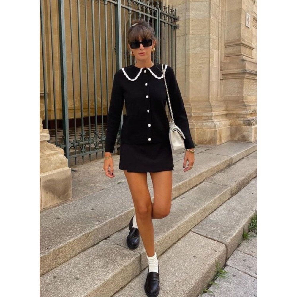 SEZANE BLOGGER Black White Fine Knit Bettany Cardigan Crochet Collared Sweater - Picture 4 of 16